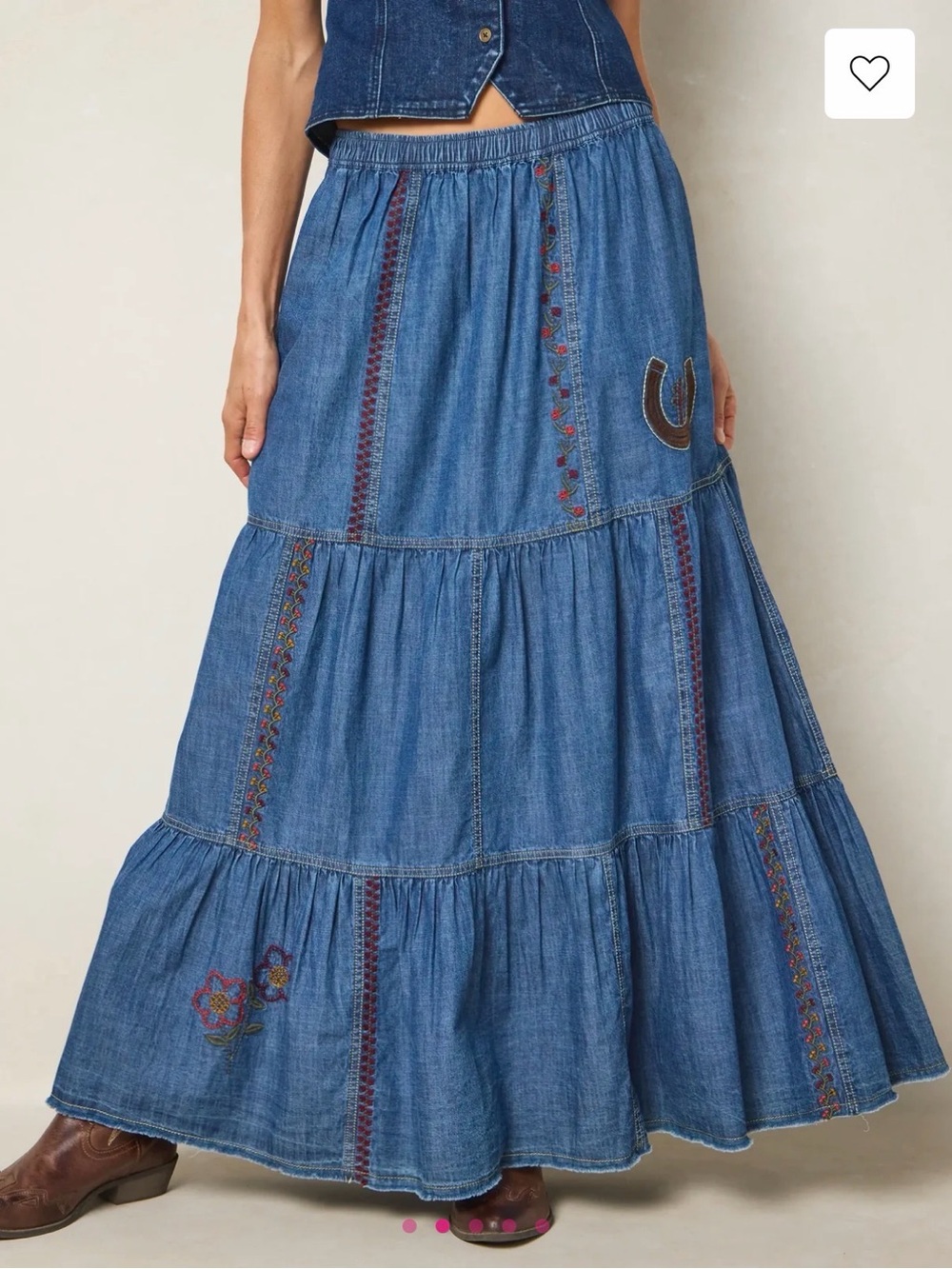 NWOT. Natural Life - Blue Denim Tiered Western Maxi Skirt with Embroidered Trim